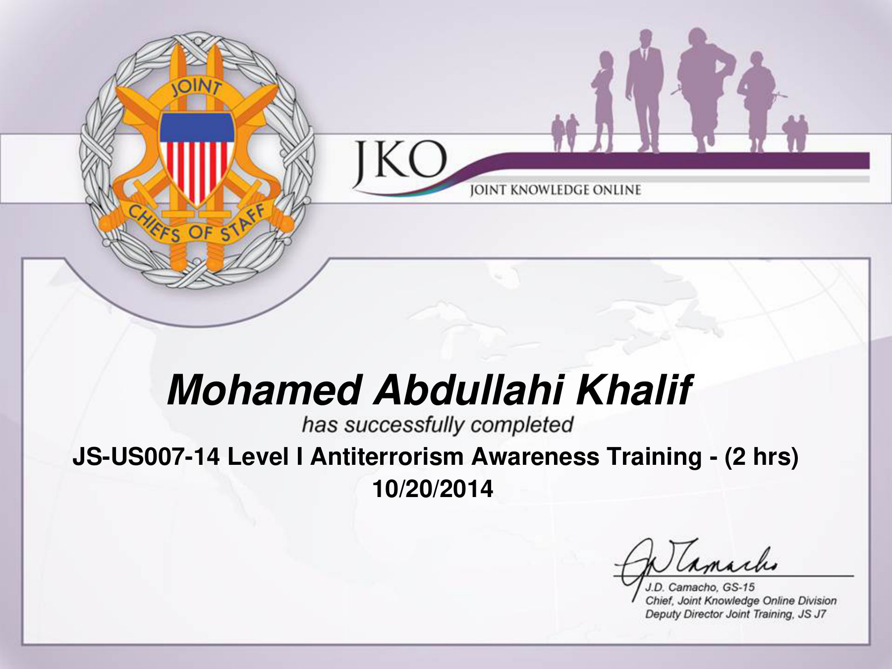 Diiwaanka dhammaystirka guulaysan ee Joint Knowledge Online oo loo soo saaray Mohamed Abdullahi Khalif ee JS-US007-14 Level I Antiterrorism Awareness Training (2 saacadood), 20 Oktoobar 2014.