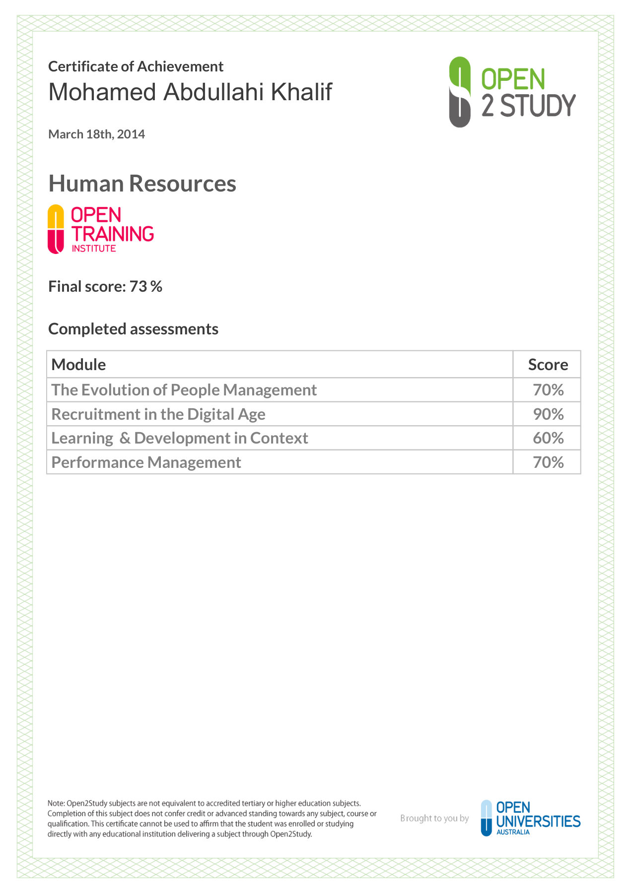 Diiwaanka qiimeynta ee Mohamed Abdullahi Khalif, Human Resources, Open2Study iyo Open Training Institute, 18 Maarso 2014, dhibicda kama dambaysta ah 73%.