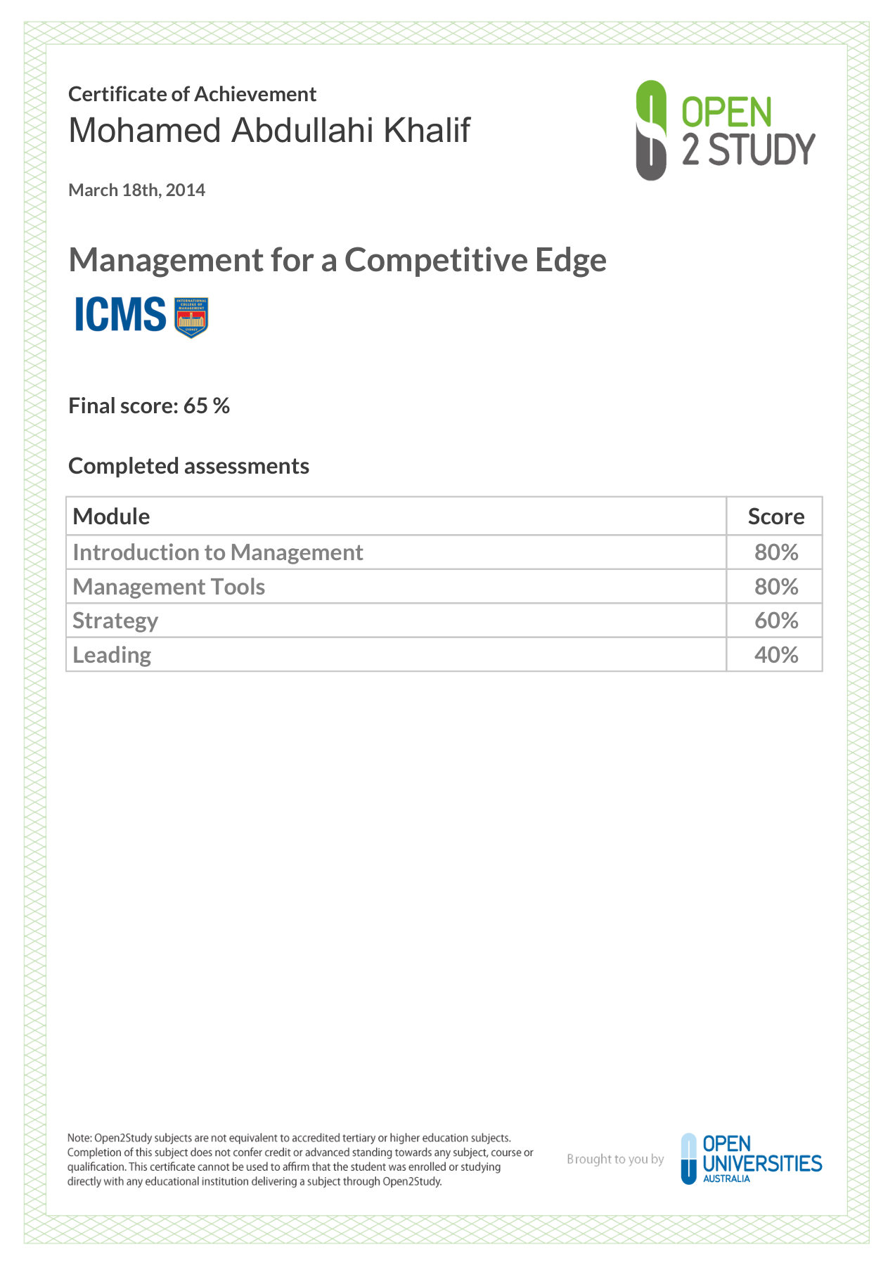 Diiwaanka qiimeynta ee Mohamed Abdullahi Khalif, Management for a Competitive Edge, Open2Study iyo ICMS, 18 Maarso 2014, dhibicda kama dambaysta ah 65%.