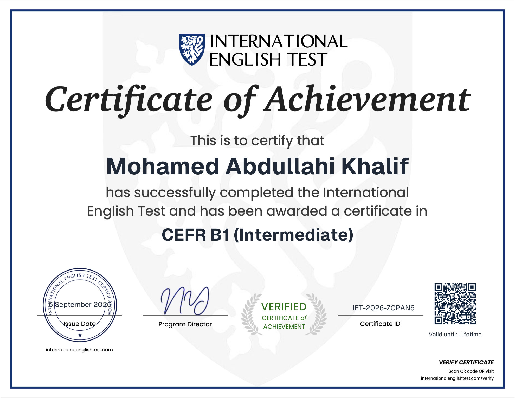 Shahaadda oo loo soo saaray Mohamed Abdullahi Khalif ee Imtixaanka Ingiriisiga Caalamiga ah, heerka CEFR B1 (Dhexdhexaad), 6 Sebtembar 2026.